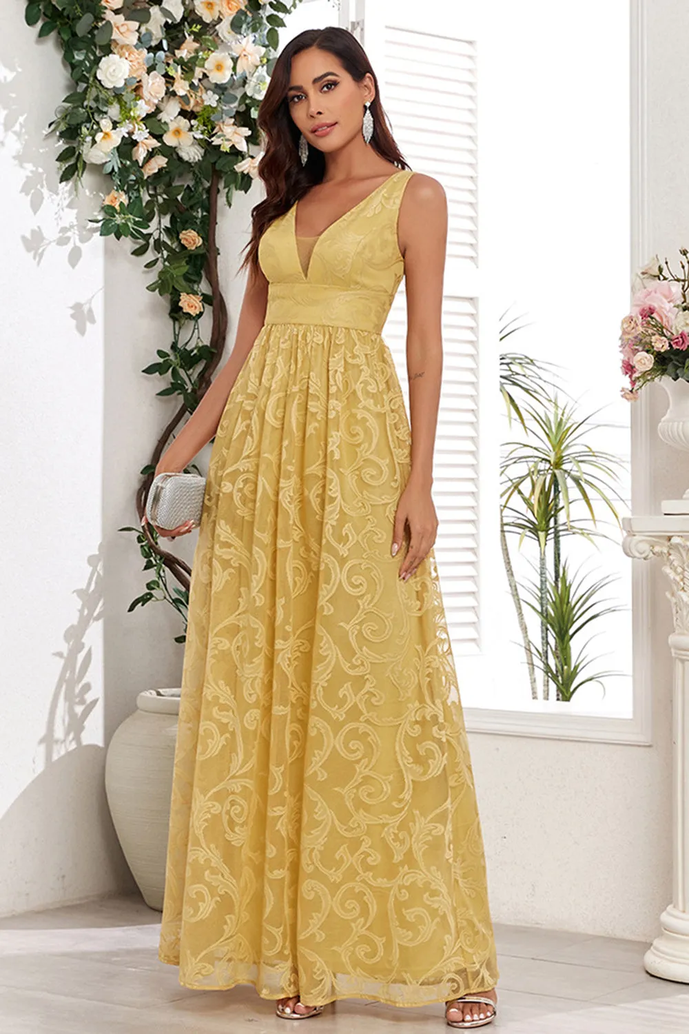 Yellow A Line V Neck Appliques Spaghetti Straps Maxi Dress