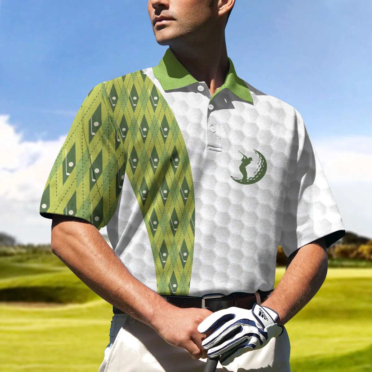 Your Hole Is My Goal Green Argyle Pattern Polo Shirt, White And Green Golfing Shirt For Male Golfers Coolspod