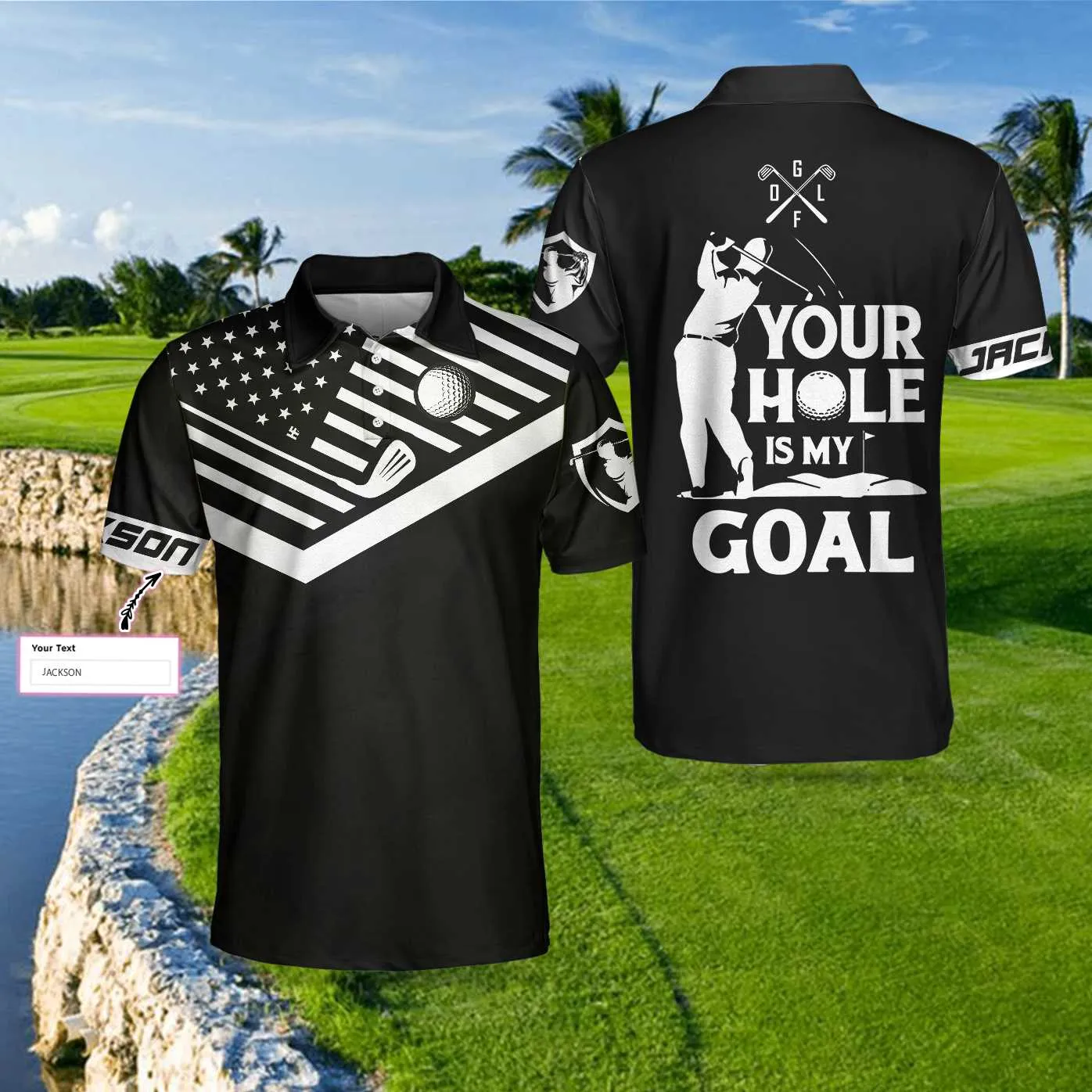 Your Hole Is My Goal New Version Custom Polo Shirt, Personalized Black American Flag Golf Shirt For Men Coolspod